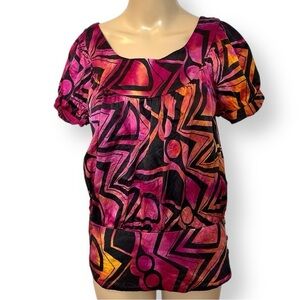 Hand tie dyed upcycled INC blouse pink orange geometric silk short sleeve size 8
